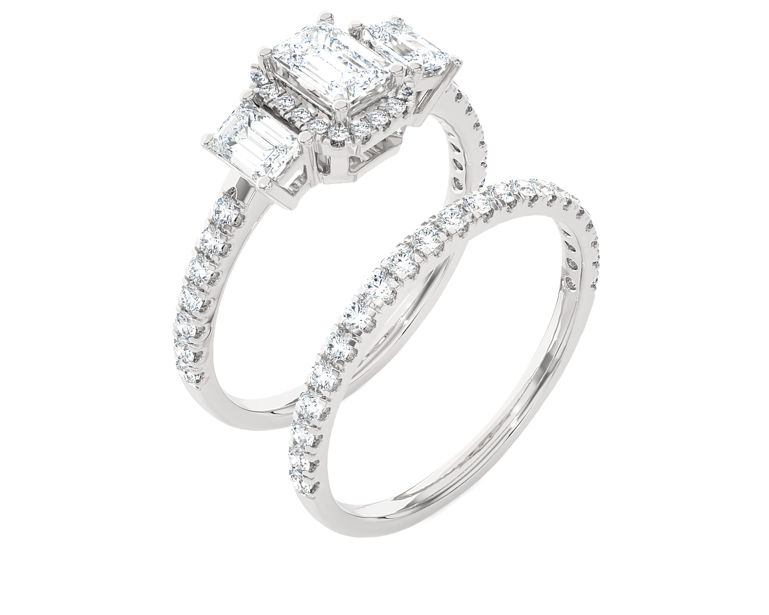 1 1/2 ctw Emerald-Cut Three Stone Lab Grown Diamond Halo Bridal Set Ring