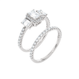 1 1/2 ctw Emerald-Cut Three Stone Lab Grown Diamond Halo Bridal Set Ring