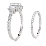 1 1/2 ctw Emerald-Cut Three Stone Lab Grown Diamond Halo Bridal Set Ring