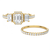 1 1/2 ctw Emerald-Cut Three Stone Lab Grown Diamond Halo Bridal Set Ring