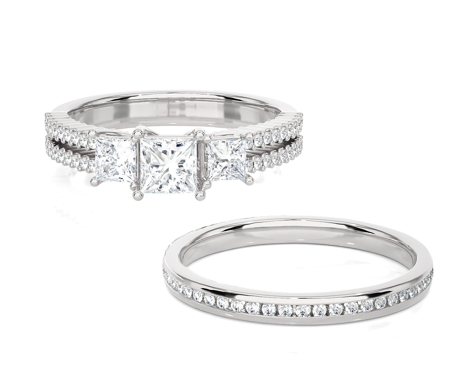 1 1/4 ctw Princess-Cut Three Stone Lab Grown Diamond Side Stone Bridal Set Ring